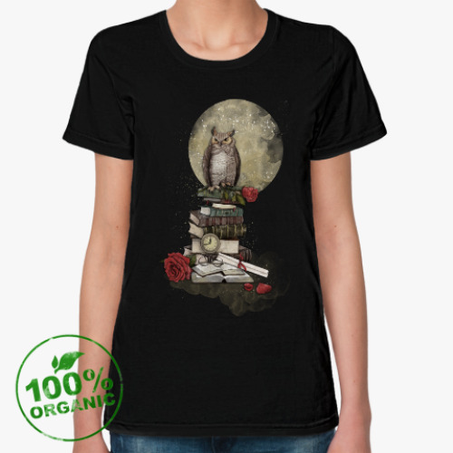 Женская футболка из органик-хлопка Мудрая сова и книги