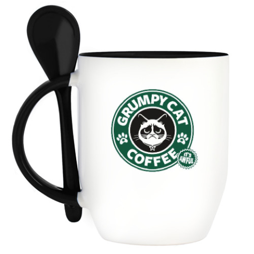 Кружка с ложкой с принтом Grumpy Cat coffee!