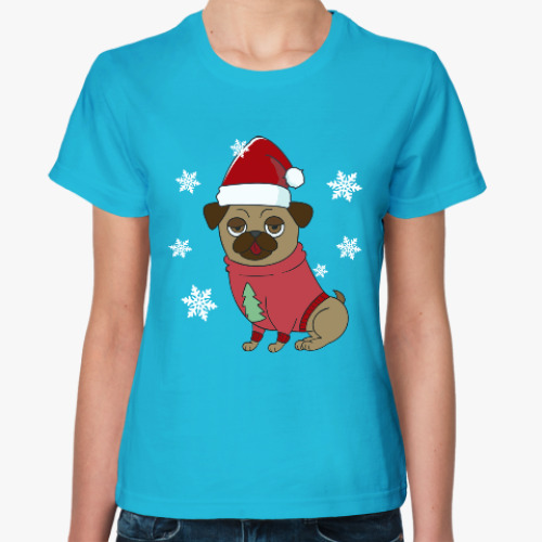 Женская футболка Новогодняя собака мопс