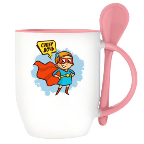 Кружка с ложкой с принтом СУПЕР ДОЧЬ