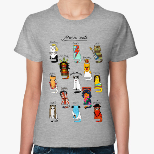 Женская футболка с принтом Котики! Звёзды! Рок и поп-музы