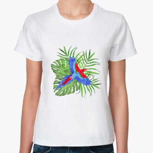 Классическая футболка тропический букет с попугаем ара