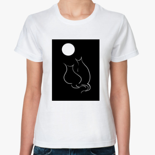 Классическая футболка с принтом Кот-кошка-ночь-луна