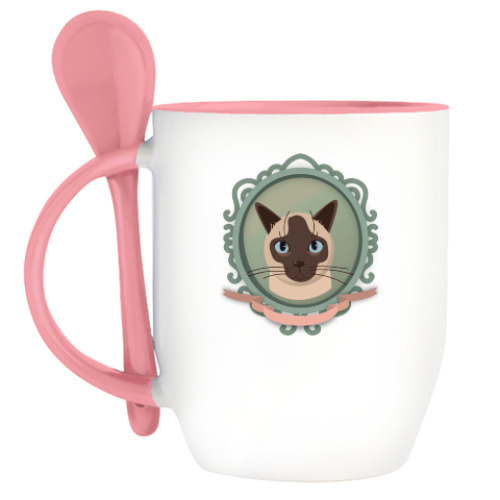 Кружка с ложкой с принтом Сиамский кот