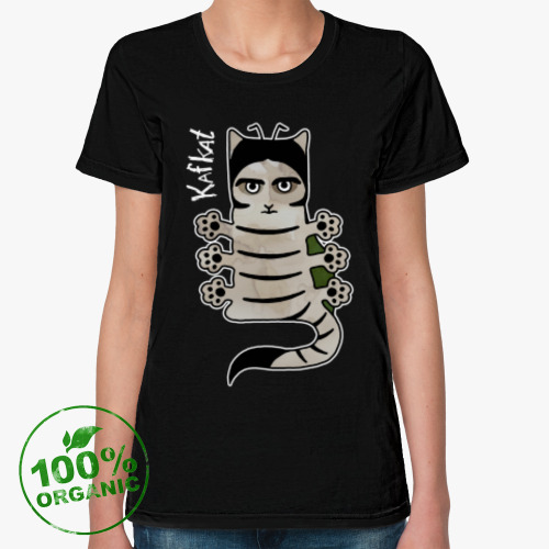 Женская футболка из органик-хлопка с принтом Кот Кафка. Превращение.