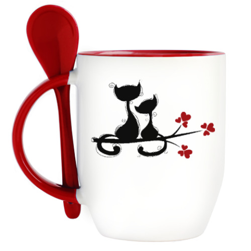 Кружка с ложкой с принтом Любовь и кошки