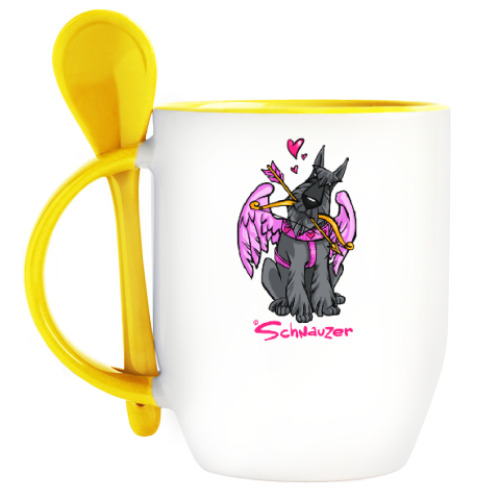 Кружка с ложкой с принтом Шнауцер Купидон
