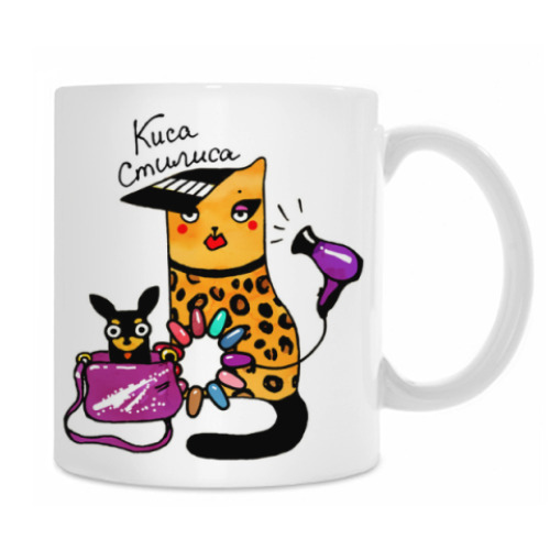 Кружка с принтом Кошка и собака в салоне красоты