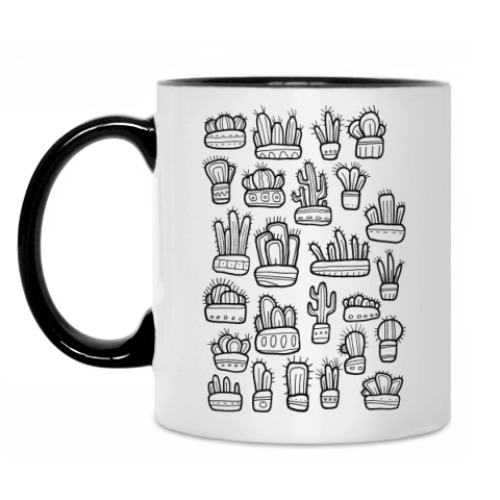 Кружка с принтом Коллекция смешных кактусов в горшочках