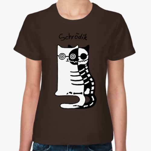 Женская футболка с принтом Череп и кости кота Шрёдингера