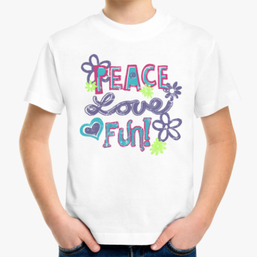 Детская футболка Мир, Любовь, Веселье!