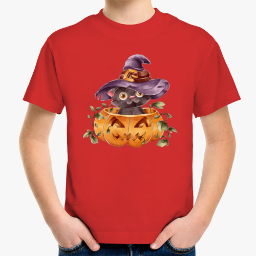 Детская футболка Котенок в шляпе и тыква на Хэллоуин