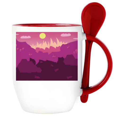 Кружка с ложкой с принтом Горный пейзаж
