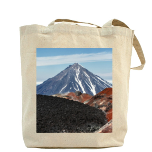 Сумка шоппер с принтом Вулканы, летний пейзаж полуострова Камчатка
