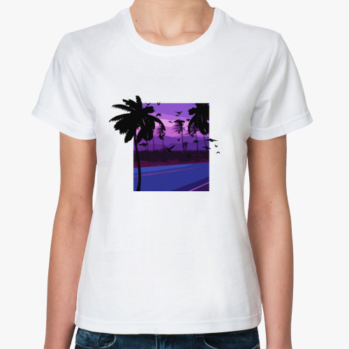Классическая футболка Ретровейв, пальмы, дорога, закат, отдых, птицы