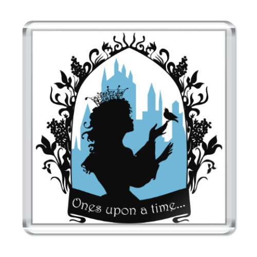 Магнит с принтом Прекрасная принцесса с поющей птичкой. Силуэт