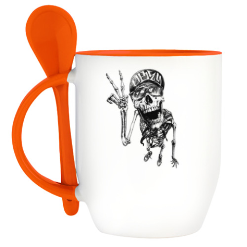 Кружка с ложкой с принтом Thrash-скелет