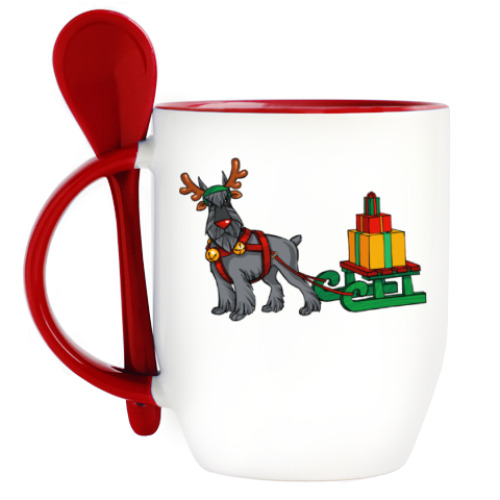 Кружка с ложкой с принтом Новогодний Шнауцер