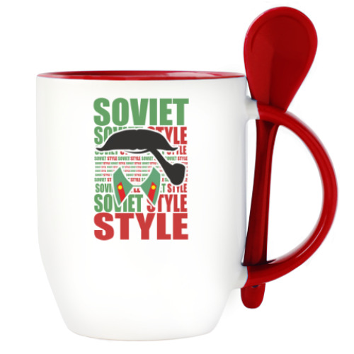 Кружка с ложкой с принтом Soviet Style. Усы. Трубка. Сталин.