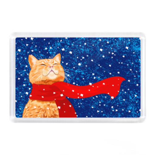 Магнит с принтом Новогодний котик в снегу