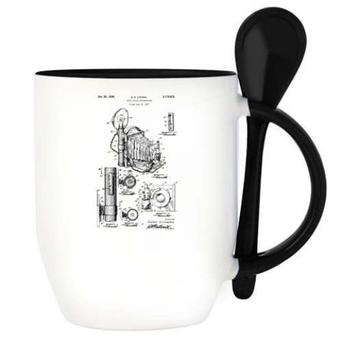 Кружка с ложкой с принтом Винтажная камера Патент