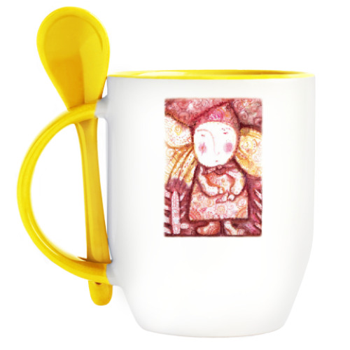 Кружка с ложкой с принтом Девочка и птичка