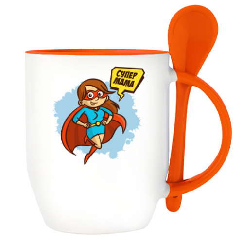 Кружка с ложкой с принтом СУПЕР МАМА
