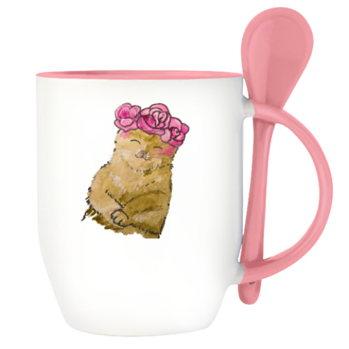 Кружка с ложкой с принтом "Киса"