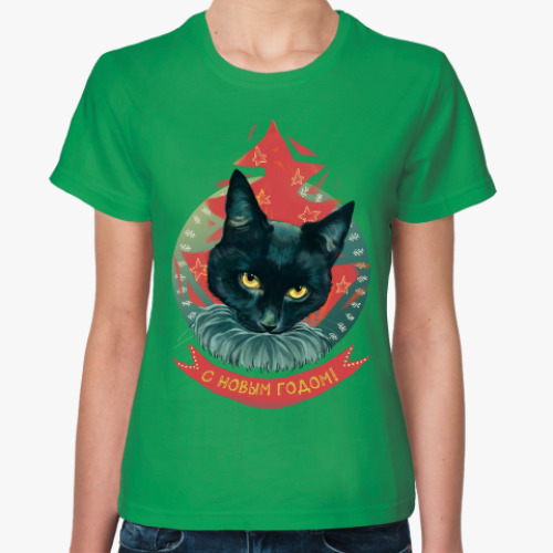 Женская футболка Новогодний черный кот