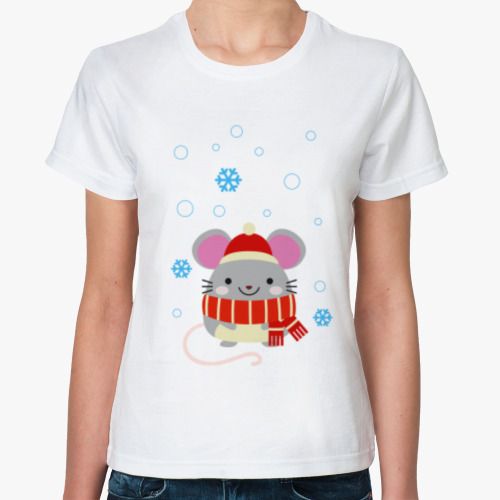 Классическая футболка с принтом Мышка со снежинками