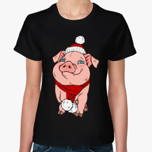 Женская футболка Новогодняя свинка в шапочке
