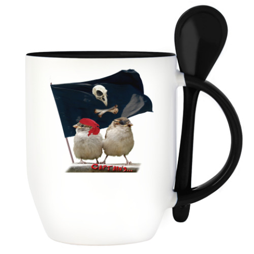 Кружка с ложкой с принтом Воробьи-пираты