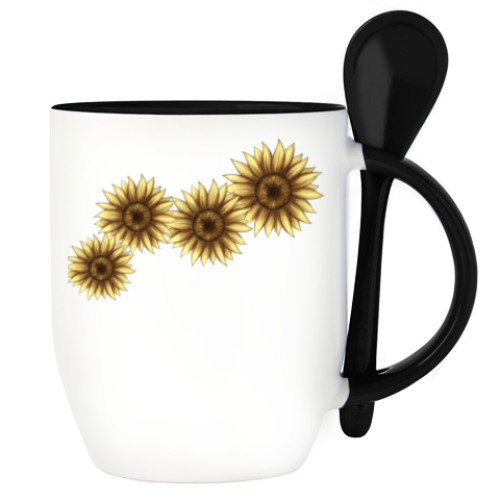 Кружка с ложкой с принтом Летний цветок подсолнух
