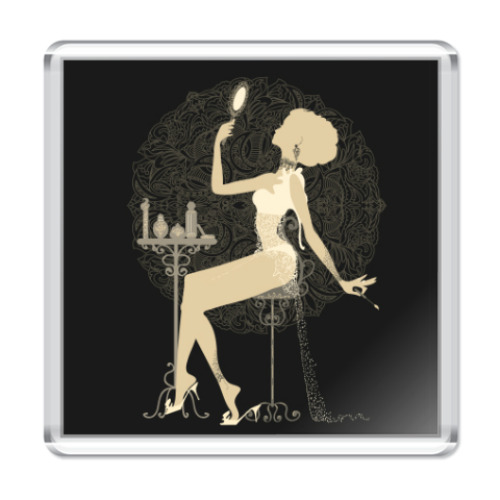 Магнит с принтом Элегантная красивая женщина с зеркалом силуэт