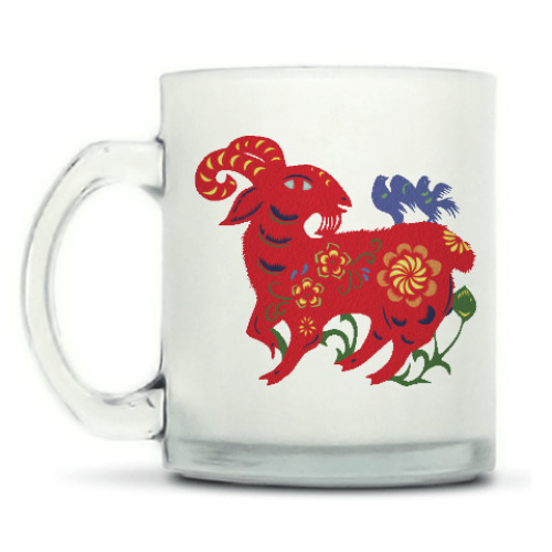 Кружка матовая с принтом Баран с цветами и птицами