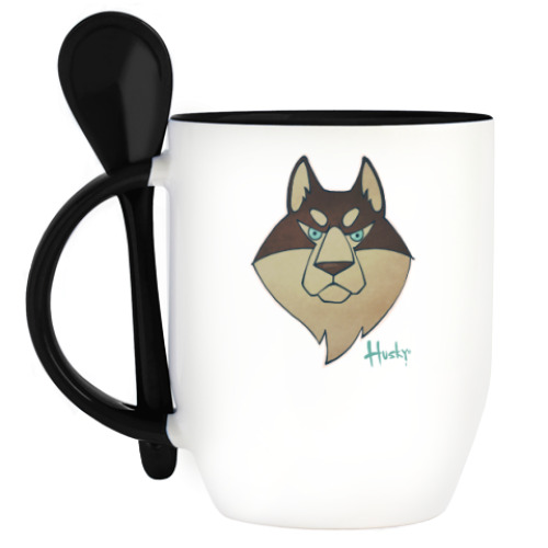 Кружка с ложкой с принтом Хаски