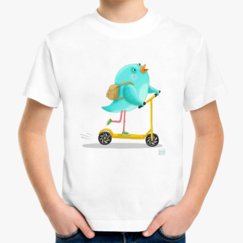 Детская футболка птица на самокате