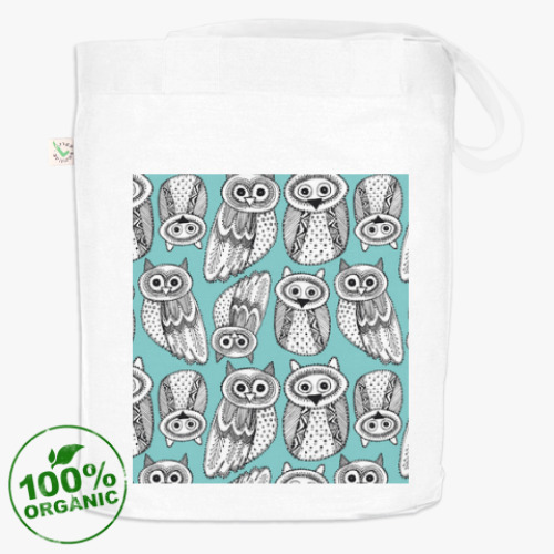 Сумка шоппер с принтом рисованые совы на бирюзовом