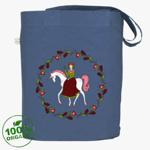 Сумка шоппер Russian folk flower ornament. Girl and unicorn