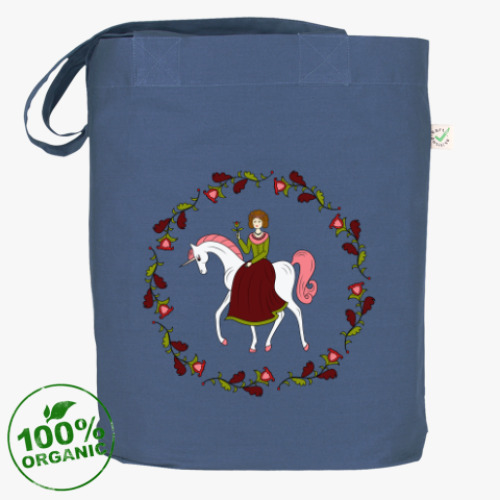 Сумка шоппер Russian folk flower ornament. Girl and unicorn