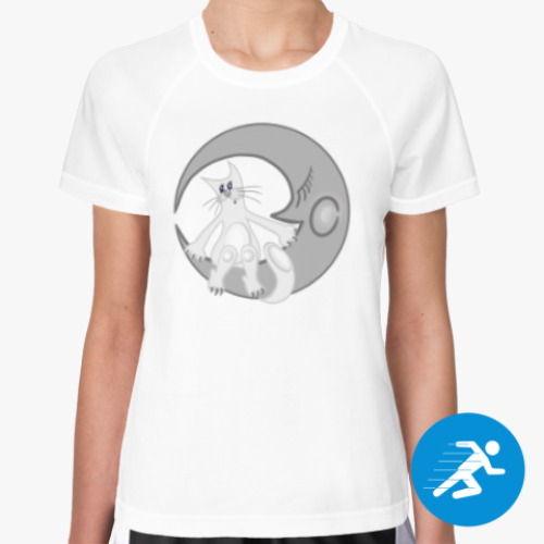 Женская спортивная футболка с принтом Лунный кот сидит на луне