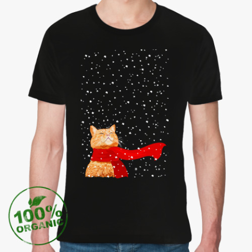 Футболка из органик-хлопка с принтом Новогодний котик в снегу