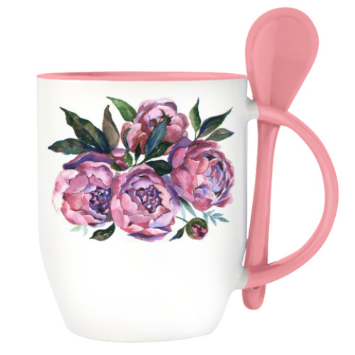Кружка с ложкой с принтом Пионы