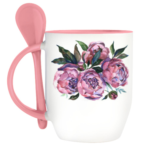 Кружка с ложкой с принтом Пионы