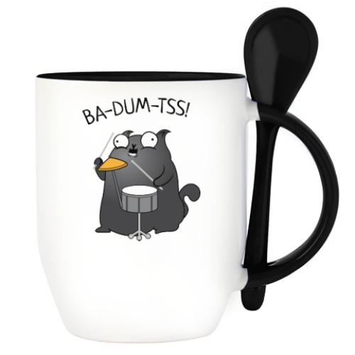 Кружка с ложкой с принтом Кот Ba-Dum-Tss!