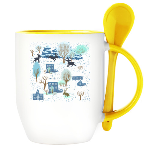 Кружка с ложкой с принтом 'Волк зимой...'