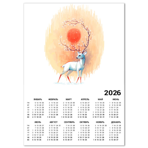 Календарь с принтом Дух весны белый олень