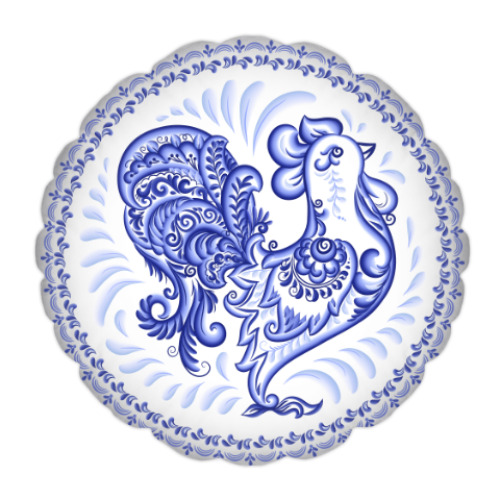 Подушка с принтом Петух в стиле Гжель