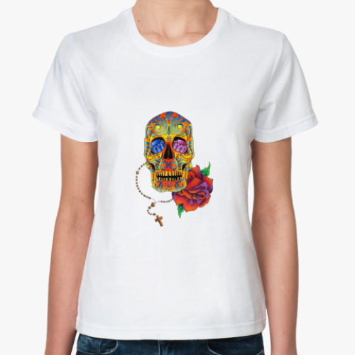 Классическая футболка с принтом Череп и роза