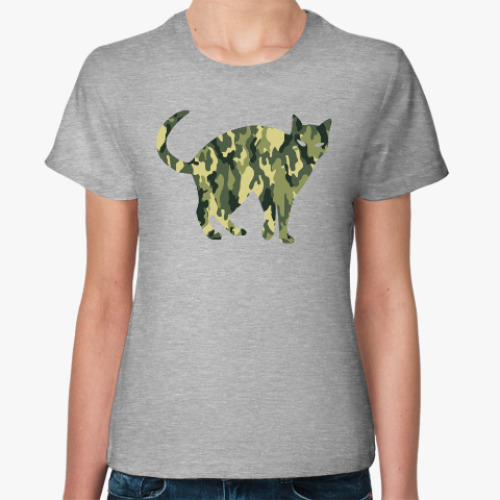 Женская футболка Кот цвета хаки (military cat) на 23 февраля